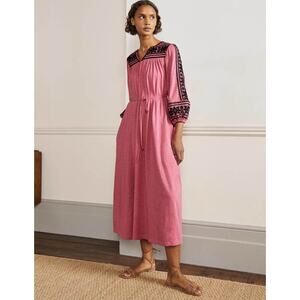 Boden Women's Embroidered Jersey Midi Dress Balloon Sleeve Pink Size Large